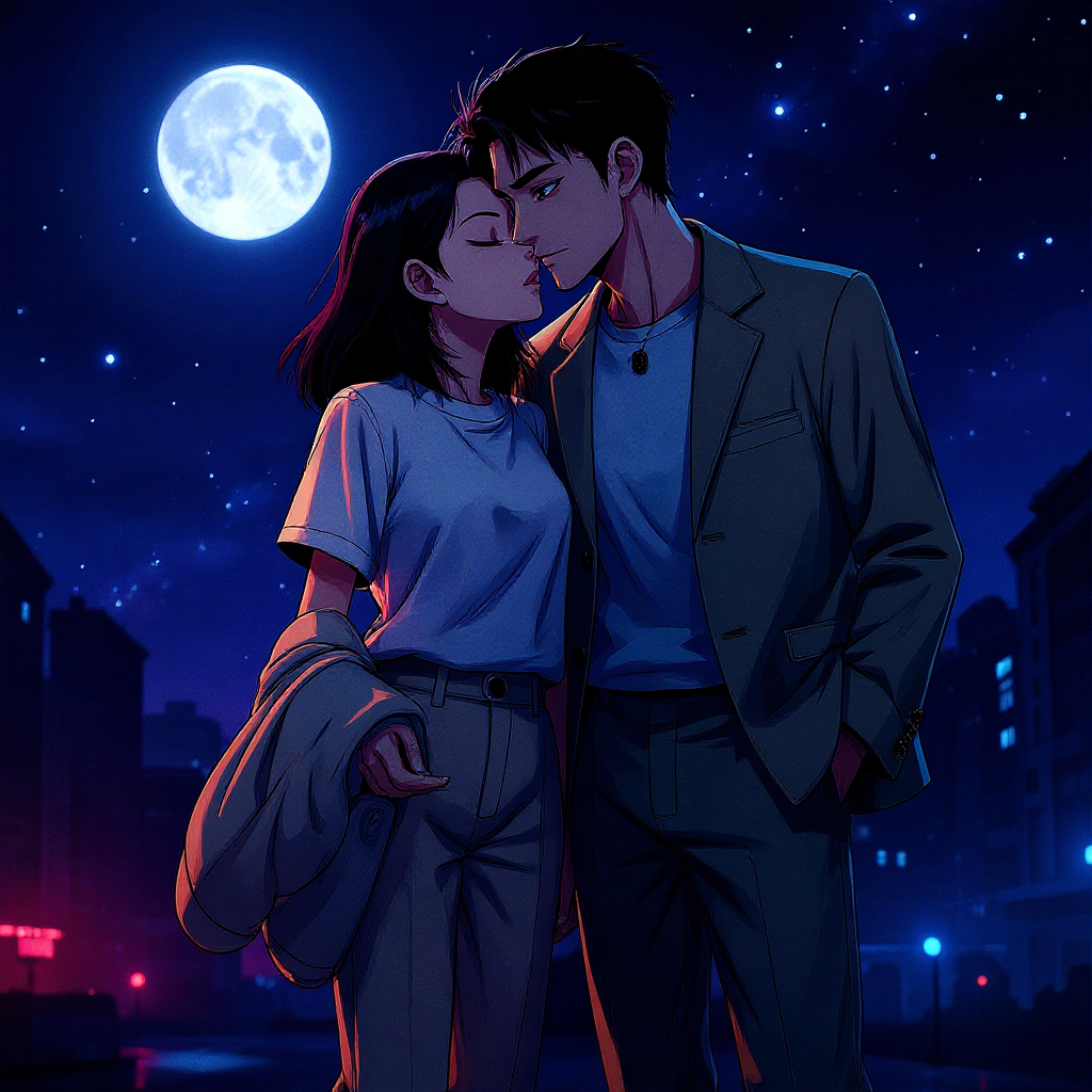 Cyberpunk anime kiss scene with neon effects