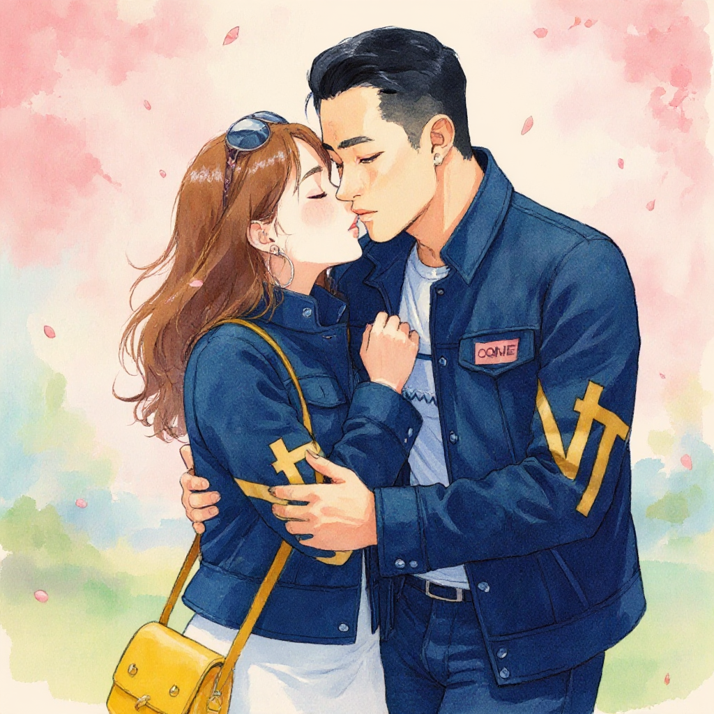 Watercolor anime kiss art with romantic style